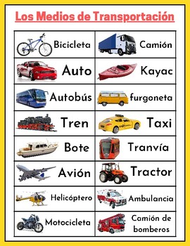 Preview of Transportation Ward wall Vocabulary Card in Spanish - bulletin board