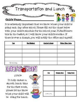 Preview of Transportation and Lunch Logs for your new students ~ early childhood