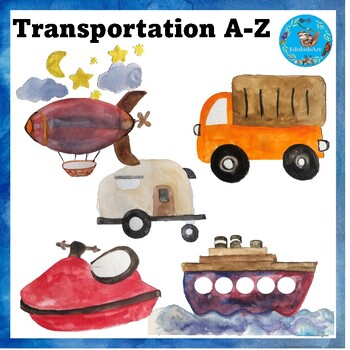 Preview of Transportation Vehicles A-Z Clipart {ABC Watercolour Clip Art}