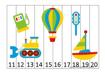 Preview of Transportation themed Number Sequence Puzzle 11-20.  Preschool Numbers.
