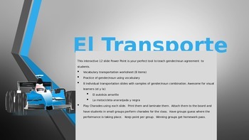 Preview of El Transporte- 12 Slide Power Point- Review Colors/ Gender/Noun -Spanish