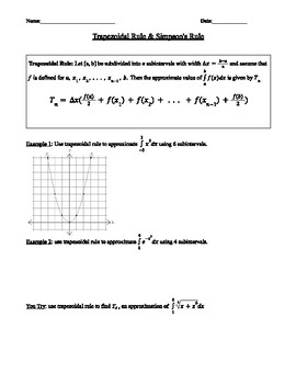 Preview of Trapezoidal Rule & Simpson's Rule Worksheet
