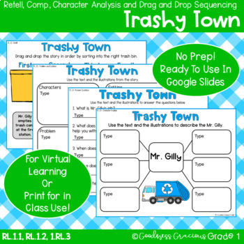 Preview of Trashy Town Retell, Comp, Drag/Drop Sequencing and Character Analysis