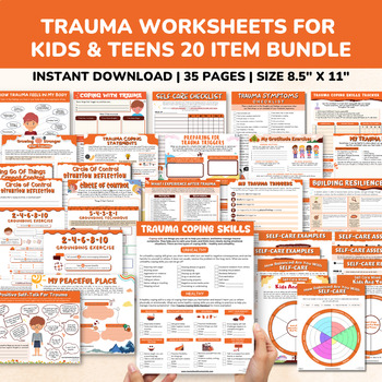 Preview of Trauma Worksheets 20 Item Bundle-SEL Mental Health Counseling Coping Skills