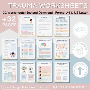 Preview of Trauma Worksheets Adult Bundle, CBT for Teens, Trauma Therapy Treatment Plan,
