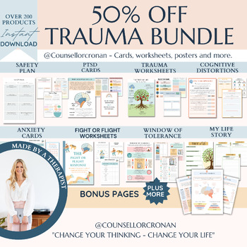 Preview of Trauma therapy mega bundle, anxiety coping skill cards, therapy worksheets, PTSD