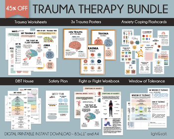 Preview of Trauma therapy mega bundle, therapy worksheets, Fight or flight, triggers, CBT