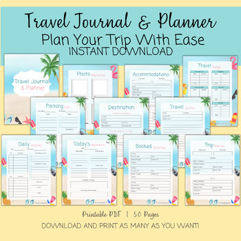 Preview of Travel Journal and Travel Planner, Trip Planner and Trip Journal, 50 Pages