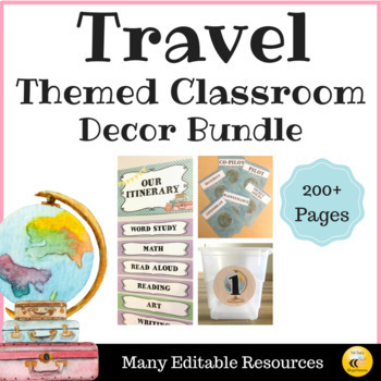 Preview of Travel Theme Classroom Decor - Calm Colors {EDITABLE}