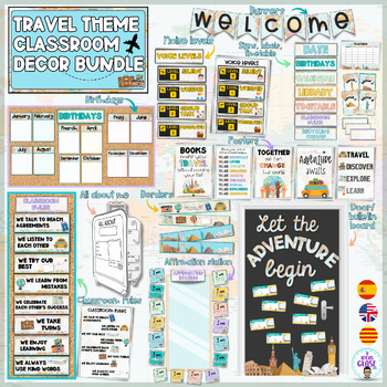 Preview of Travel classroom decor theme Bundle- bilingual- Pack decoración viajes