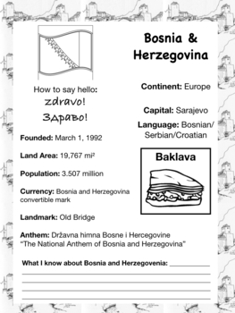 Preview of BOSNIA & HERZEGOVINA, Travel the World Worksheet