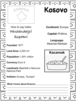 Preview of KOSOVO, Travel the World Worksheet