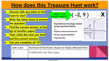 Preview of Treasure Hunt Review Bundle Pre-Algebra Unit 1 Transformations English & Spanish