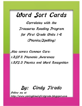 Preview of Treasures Reading Program First grade Word Sort Cards Units 1 - 6
