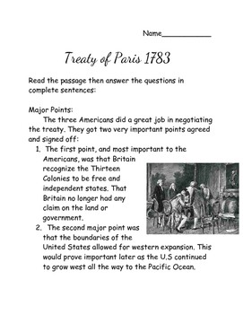 Preview of Treaty of Paris 1783 Reading Passage with Questions