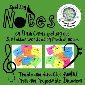 Preview of Treble & Bass Clef Music Note Spelling Flash Cards Print and Digital Projectable