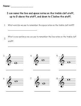 Preview of Treble Clef And Ledger Lines Assessment Worksheet