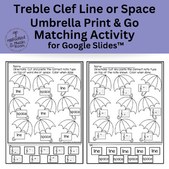 Preview of Treble Clef Line or Space Umbrella Matching Activity for Google Slides™️