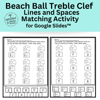Preview of Treble Clef Lines and Spaces Beach Ball Matching Activity for Google Slides™️