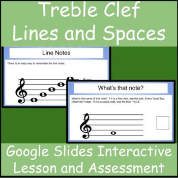Preview of Treble Clef Lines and Spaces Google Slides Interactive Lesson and Assessment