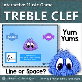 Preview of Treble Clef Elementary Music Game Activity & Assessment Line or Space {Yum Yums}