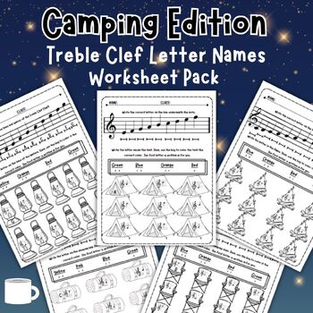 Preview of Treble Clef Lines and Spaces Letters Worksheet Packet - Camping Edition