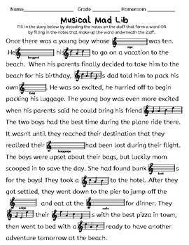 Preview of Treble Clef Note Name Musical Story/Mad Lib