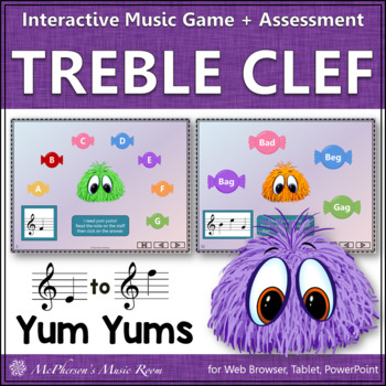 Preview of Treble Clef Note Names Interactive Music Game + Assessment {Yum Yums}