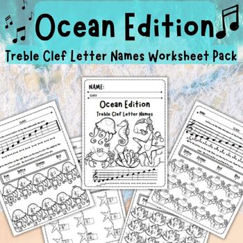 Preview of Treble Clef Note Names Worksheet Pack - Ocean Edition (Workbook)