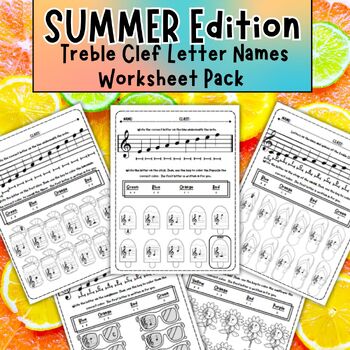 Preview of Treble Clef Note Names Worksheet Pack - Summer Edition (Workbook)