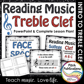 Preview of Treble Clef - Reading Music -PowerPoint Presentation &  Exit Ticket-Lesson Plan