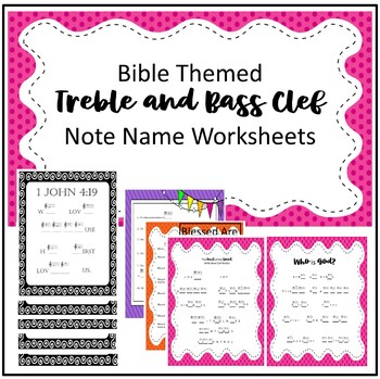 Preview of Treble and Bass Clef Music Theory Worksheets with a Bible theme.