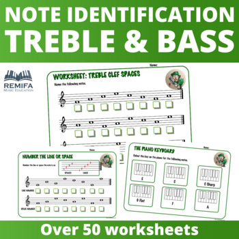 Preview of Over 50 Treble and Bass Clef note identification worksheets.