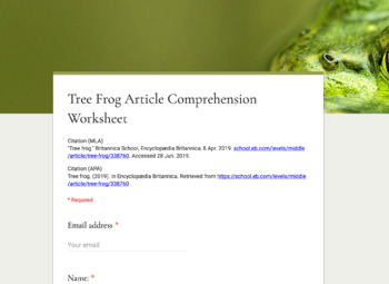 Preview of Tree Frog Article (Reading Level 2) Comprehension Worksheet for Google Forms