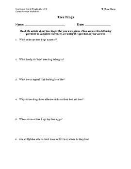 Preview of Tree Frog Article (Reading Level 3) Comprehension Worksheet