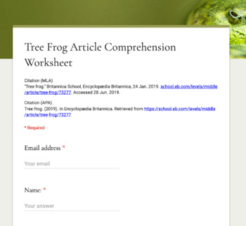 Preview of Tree Frog Article (Reading Level 3) Comprehension Worksheet for Google Forms
