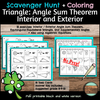 Preview of Triangle Angle Sum Theorem (Int Ext) Scavenger Hunt and Coloring Activity
