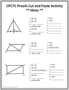 Congruent Triangles and CPCTC Proofs Cut and Paste Activity  TpT