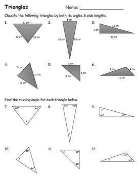 Triangle Review Worksheet (Classify, Missing Angles, Area) by Chantel ...