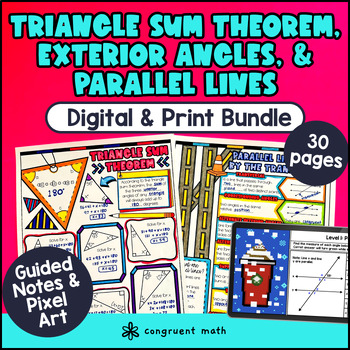 Preview of Triangle Sum Theorem, Exterior Angles, Parallel Lines Guided Notes & Pixel Art