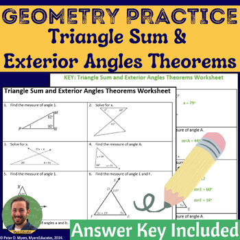 Preview of Triangle Sum Theorem & Exterior Angles Geometry Worksheet + Answer Key