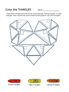 Preview of Triangle VALENTINE'S DAY HEART Worksheet Using Angle Types_ Color the Triangles