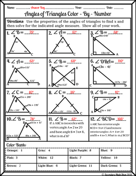 Triangles Angles Of Triangles Color By Number Wintery Worksheet