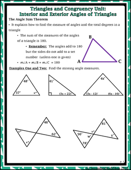 Triangles & Congruency Unit #2 - Interior and Exterior Angles Notes and Homework