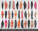 Tribal Feather Clip Art Bundle, 32 Native American Feather