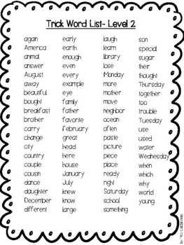 Trick Word List - Level 2 by Miss Cobblestone's Resources | TPT