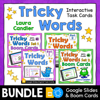 Preview of Tricky Words Boom Cards and Google Slides Task Cards Bundle
