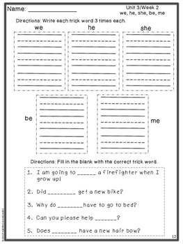 Trick Words Homework/Activity Sheets by Triple the Love in Grade 1