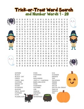 Preview of Halloween Trick or Treat & Number Words Search! Halloween! (color & black line)