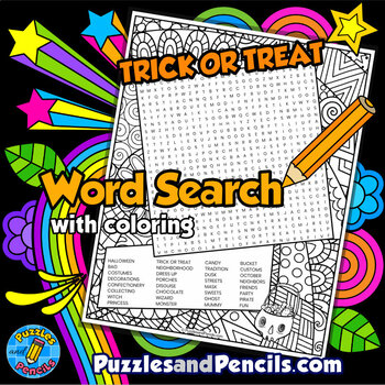 Preview of Trick or Treat Word Search Puzzle Activity Page with Coloring | Halloween Puzzle